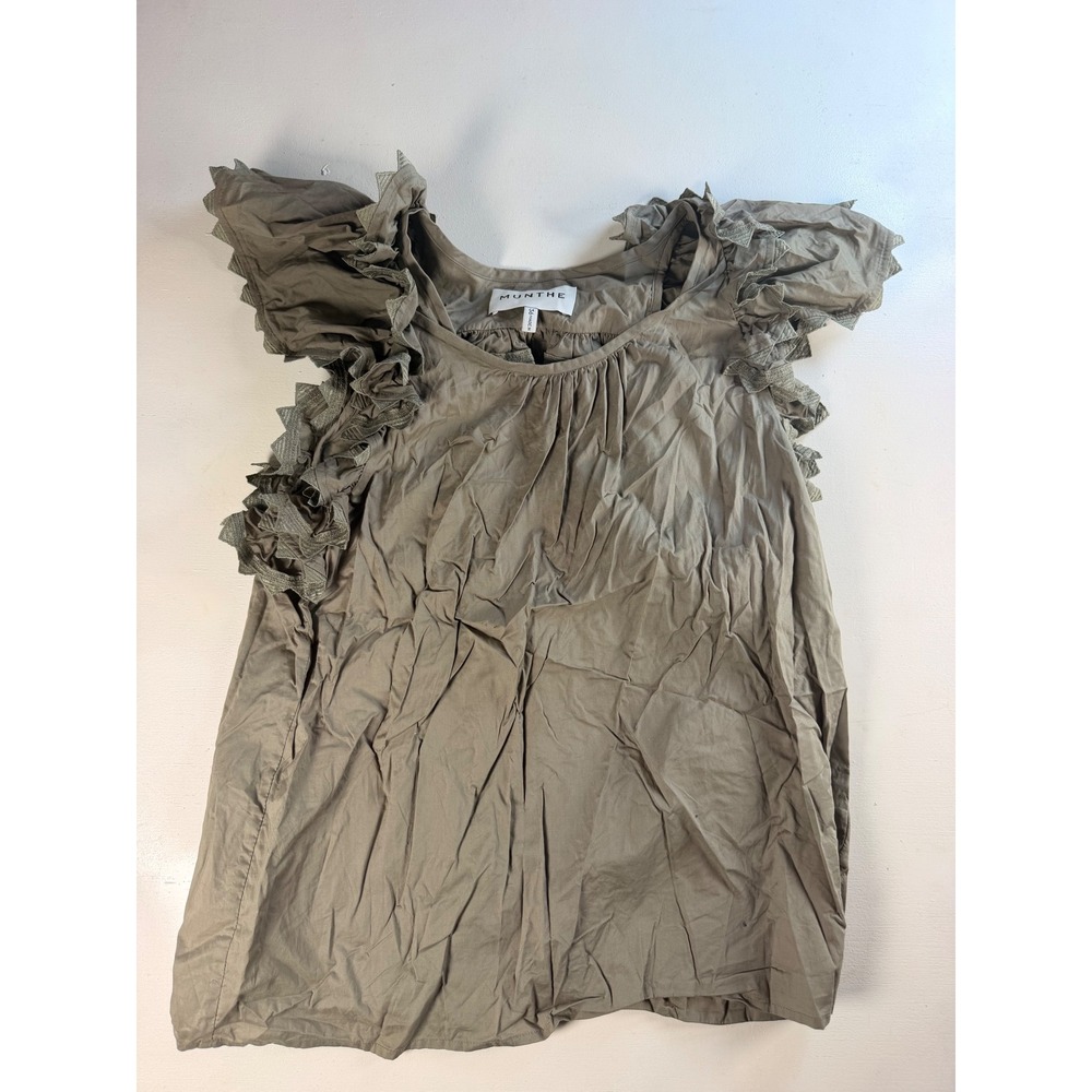Munthe Hoya Blouse Women 36 Olive Green Excellent Ruffle Sleeve Organic Cotton